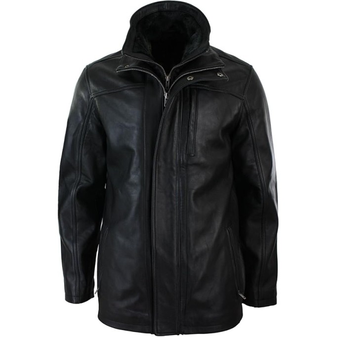 Mens 3/4 Real Leather Safari Jacket Overcoat Removable Double Zip Black Brown