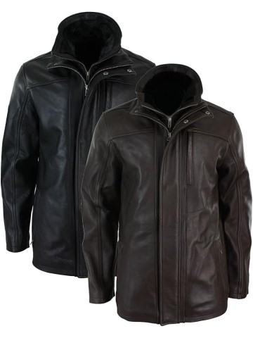 Mens 3/4 Real Leather Safari Jacket Overcoat Removable Double Zip Black Brown