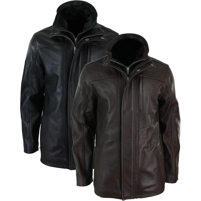 Mens 3/4 Real Leather Safari Jacket Overcoat Removable Double Zip Black Brown