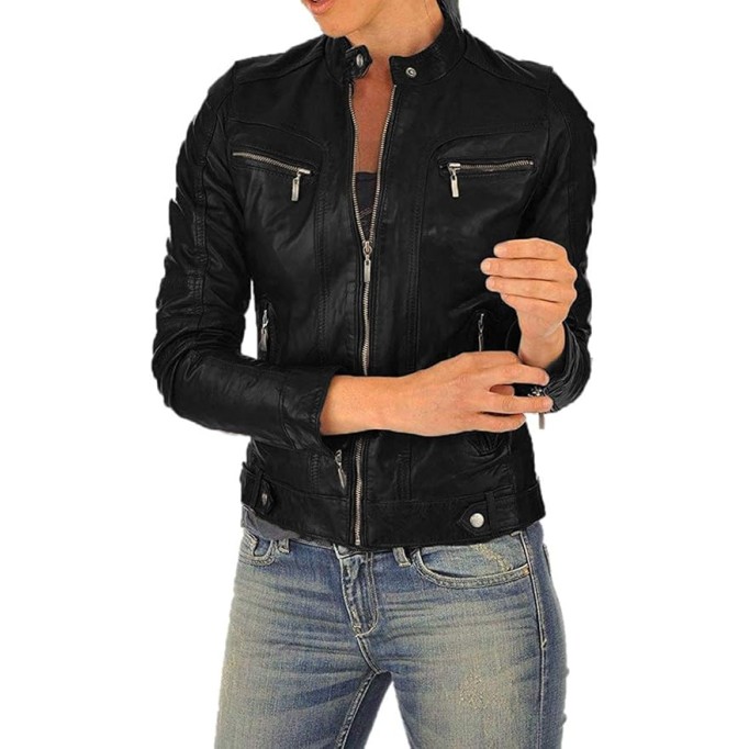 Women's Lambskin Leather Jacket, Stylish Round Collar, Slim Fit & Quilted - Winter Casual Wear Moto Biker Jacket