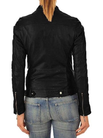 Women's Lambskin Leather Jacket, Stylish Round Collar, Slim Fit & Quilted - Winter Casual Wear Moto Biker Jacket