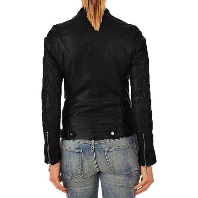 Women's Lambskin Leather Jacket, Stylish Round Collar, Slim Fit & Quilted - Winter Casual Wear Moto Biker Jacket