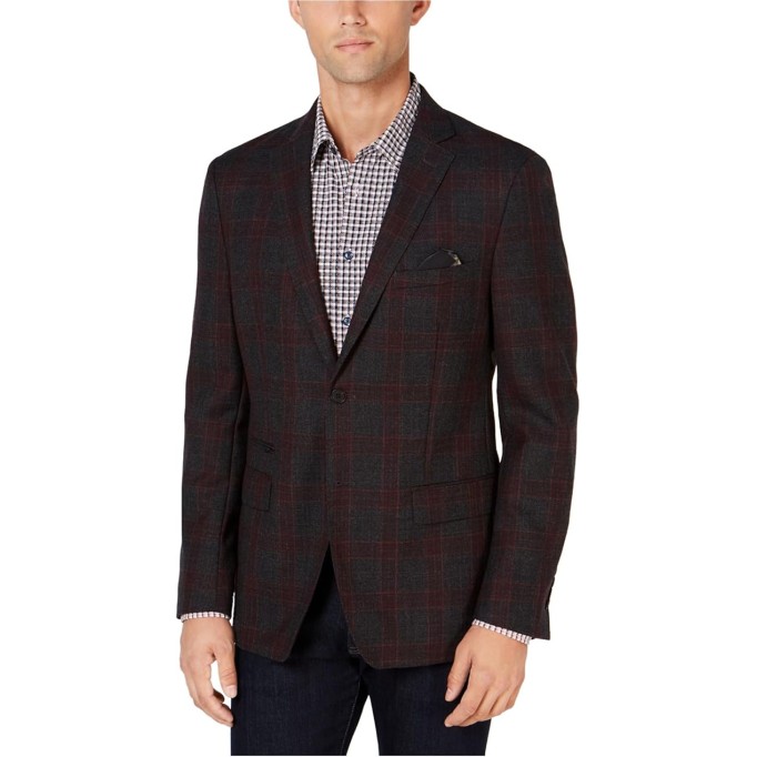 Tallia Mens Plaid Two Button Blazer Jacket, Red, 60 Regular