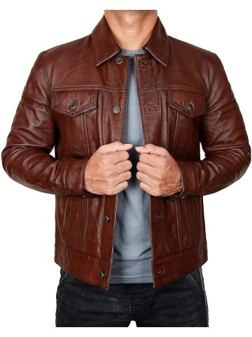 Leather Trucker Jacket Men - Real Lambskin Shirt Style Vintage Fashion Mens Leather Jacket