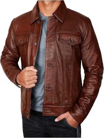 Leather Trucker Jacket Men - Real Lambskin Shirt Style Vintage Fashion Mens Leather Jacket
