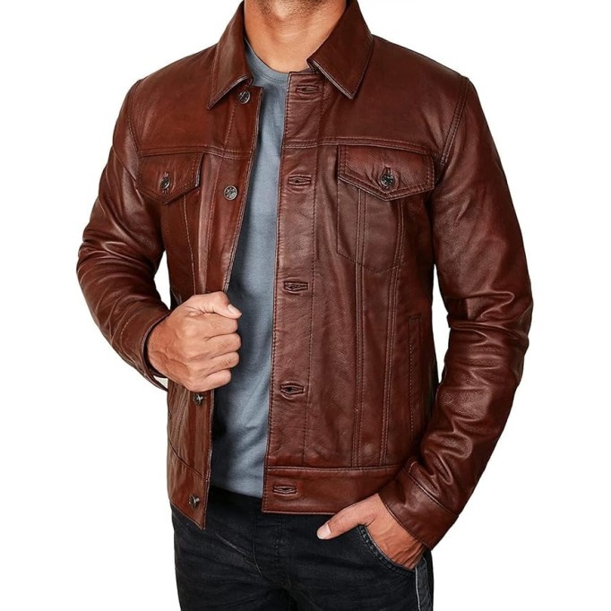 Leather Trucker Jacket Men - Real Lambskin Shirt Style Vintage Fashion Mens Leather Jacket