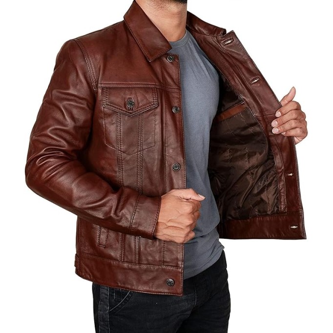 Leather Trucker Jacket Men - Real Lambskin Shirt Style Vintage Fashion Mens Leather Jacket