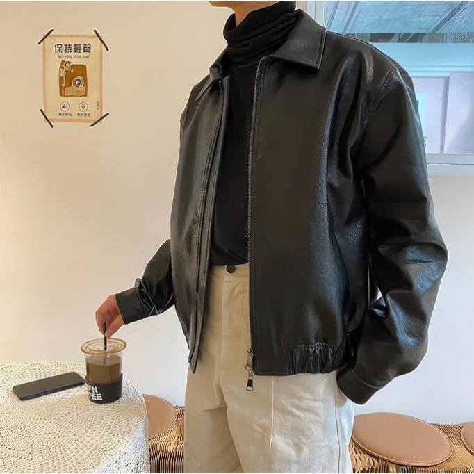 Men's Bomber Genuine Sheepskin Oversized Leather Jacket Classic Shirt Collar Loose Casual Winter Cool Designer Lightweight