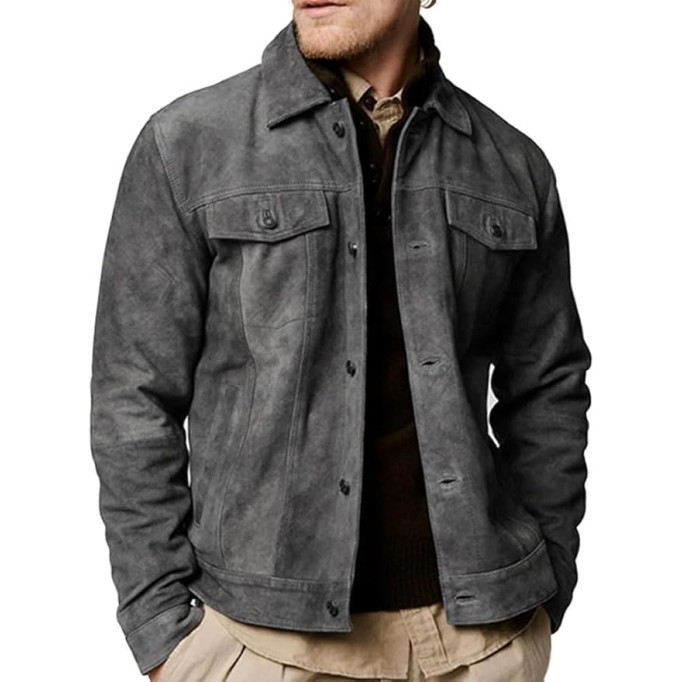 Premium Vintage Trucker Suede Leather Jacket Men Genuine Lambskin Men Leather Jackets Shirt Collar Jackets For Mens