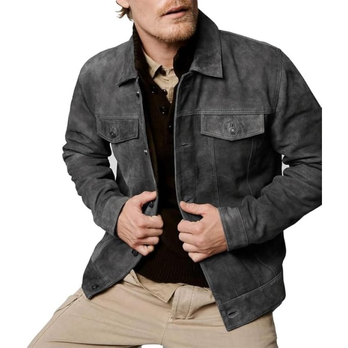 Premium Vintage Trucker Suede Leather Jacket Men Genuine Lambskin Men Leather Jackets Shirt Collar Jackets For Mens