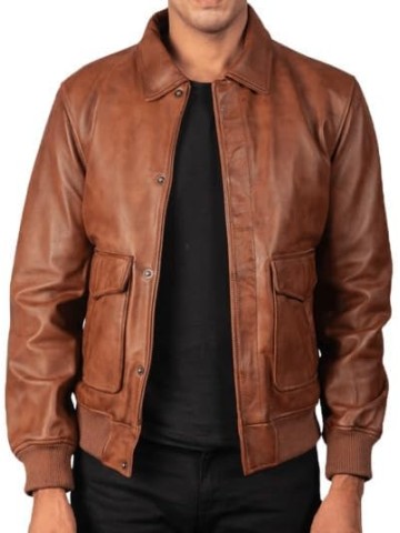 Men's Classic A2 Aviator WWII Flying Tiger Leather Jacket - Pilot Bomber Leather Jacket With Shirt Collar For Men