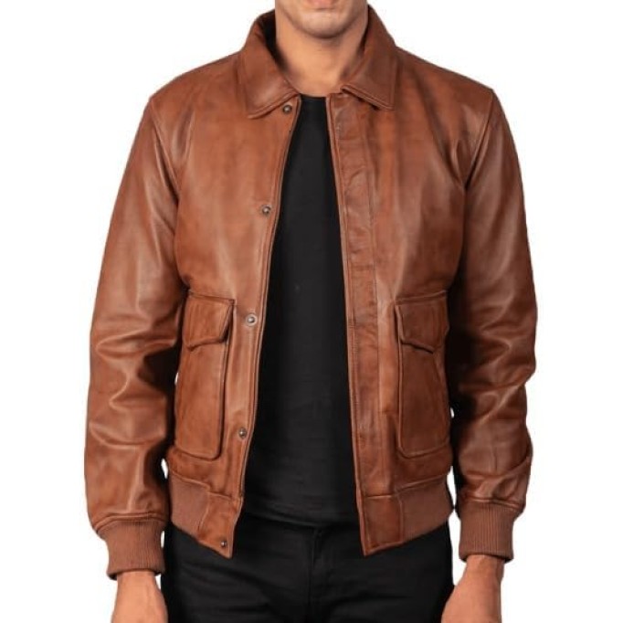 Men's Classic A2 Aviator WWII Flying Tiger Leather Jacket - Pilot Bomber Leather Jacket With Shirt Collar For Men