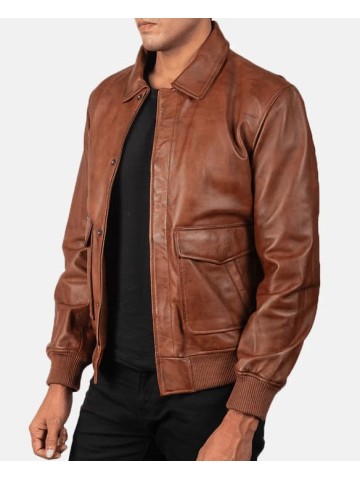 Men's Classic A2 Aviator WWII Flying Tiger Leather Jacket - Pilot Bomber Leather Jacket With Shirt Collar For Men