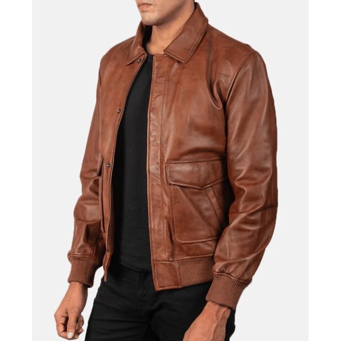 Men's Classic A2 Aviator WWII Flying Tiger Leather Jacket - Pilot Bomber Leather Jacket With Shirt Collar For Men