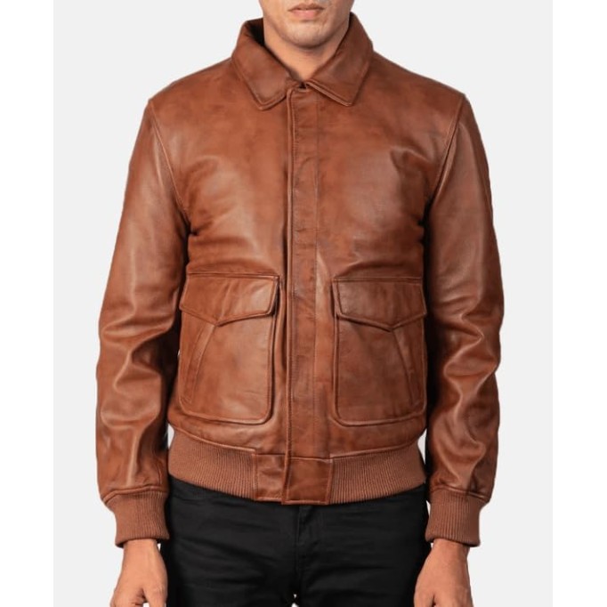Men's Classic A2 Aviator WWII Flying Tiger Leather Jacket - Pilot Bomber Leather Jacket With Shirt Collar For Men