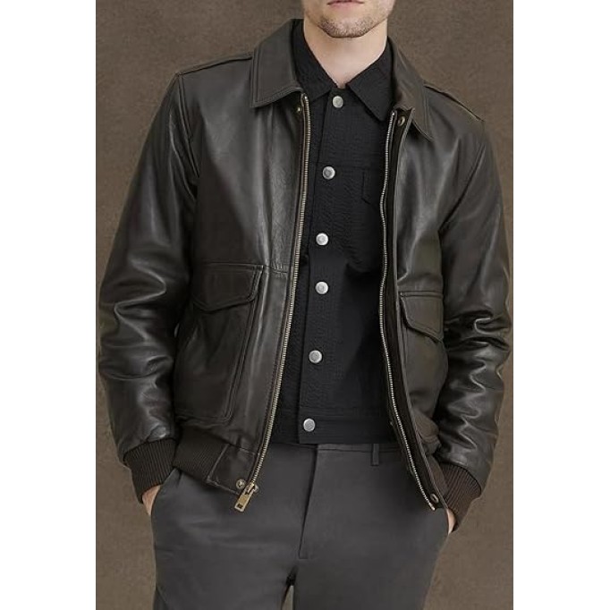 Men's Classic A2 Aviator WWII Flying Tiger Leather Jacket - Pilot Bomber Leather Jacket With Shirt Collar For Men
