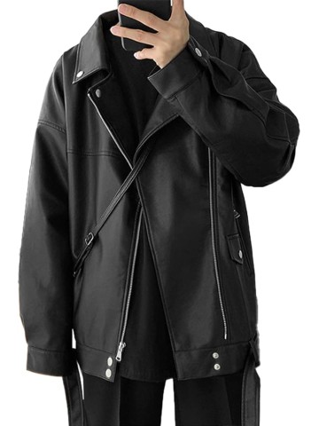Mens leather jacket Black Genuine Sheepskin, Hip Hop Inspired Oversized Biker Look with Asymmetrical Zip and Casual Coat