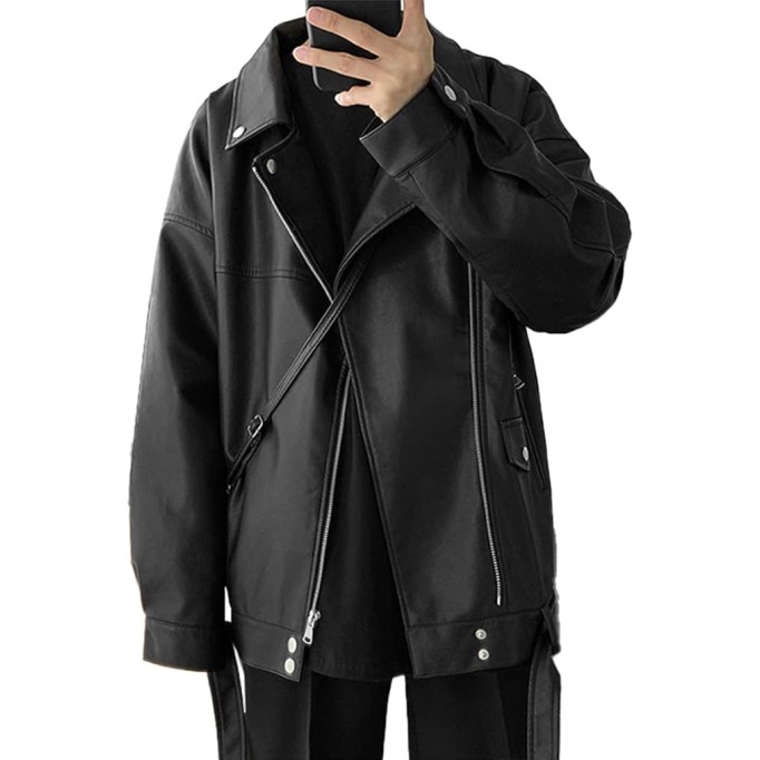 Mens leather jacket Black Genuine Sheepskin, Hip Hop Inspired Oversized Biker Look with Asymmetrical Zip and Casual Coat