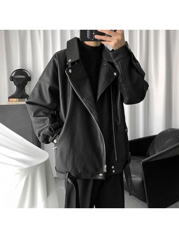 Mens leather jacket Black Genuine Sheepskin, Hip Hop Inspired Oversized Biker Look with Asymmetrical Zip and Casual Coat