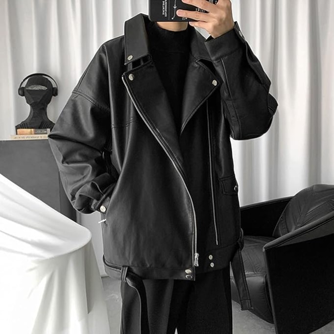 Mens leather jacket Black Genuine Sheepskin, Hip Hop Inspired Oversized Biker Look with Asymmetrical Zip and Casual Coat