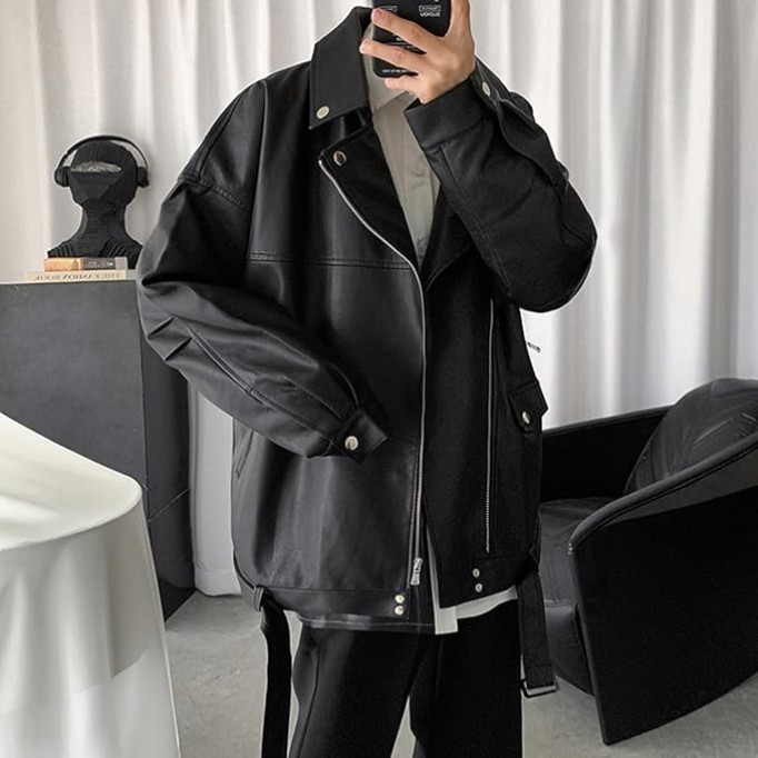 Mens leather jacket Black Genuine Sheepskin, Hip Hop Inspired Oversized Biker Look with Asymmetrical Zip and Casual Coat