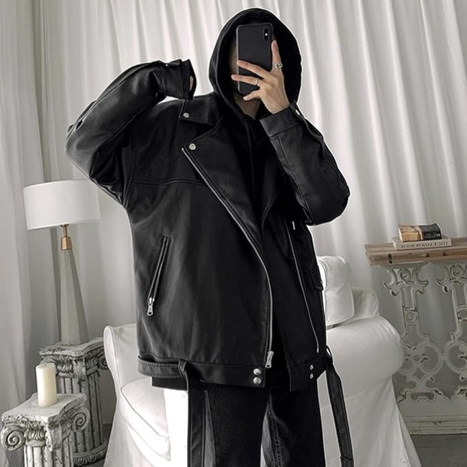 Mens leather jacket Black Genuine Sheepskin, Hip Hop Inspired Oversized Biker Look with Asymmetrical Zip and Casual Coat