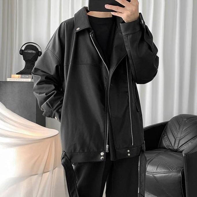 Mens leather jacket Black Genuine Sheepskin, Hip Hop Inspired Oversized Biker Look with Asymmetrical Zip and Casual Coat