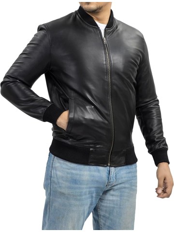 Varsity Style Leather Bomber Jacket Men - Genuine Lambskin Men's Casual Fashion Classic MA-1 Leather Jacket