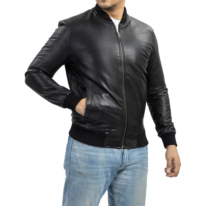 Varsity Style Leather Bomber Jacket Men - Genuine Lambskin Men's Casual Fashion Classic MA-1 Leather Jacket