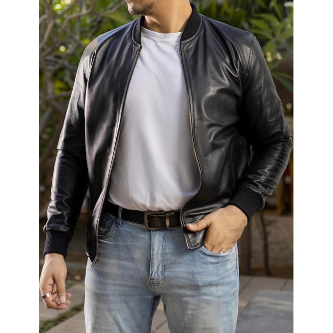 Varsity Style Leather Bomber Jacket Men - Genuine Lambskin Men's Casual Fashion Classic MA-1 Leather Jacket