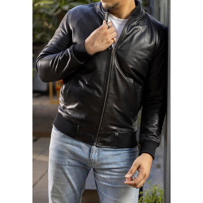 Varsity Style Leather Bomber Jacket Men - Genuine Lambskin Men's Casual Fashion Classic MA-1 Leather Jacket