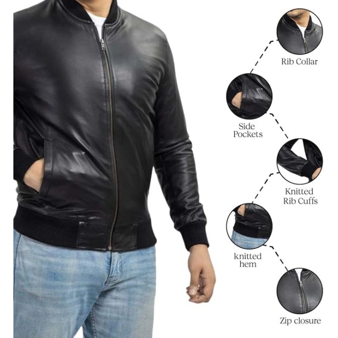 Varsity Style Leather Bomber Jacket Men - Genuine Lambskin Men's Casual Fashion Classic MA-1 Leather Jacket