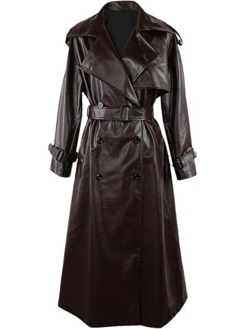 Men Long Oversized Black Pu Leather Coat Belt Double Breasted Loose Casual Coat
