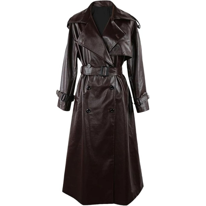 Men Long Oversized Black Pu Leather Coat Belt Double Breasted Loose Casual Coat