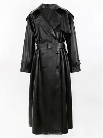 Men Long Oversized Black Pu Leather Coat Belt Double Breasted Loose Casual Coat