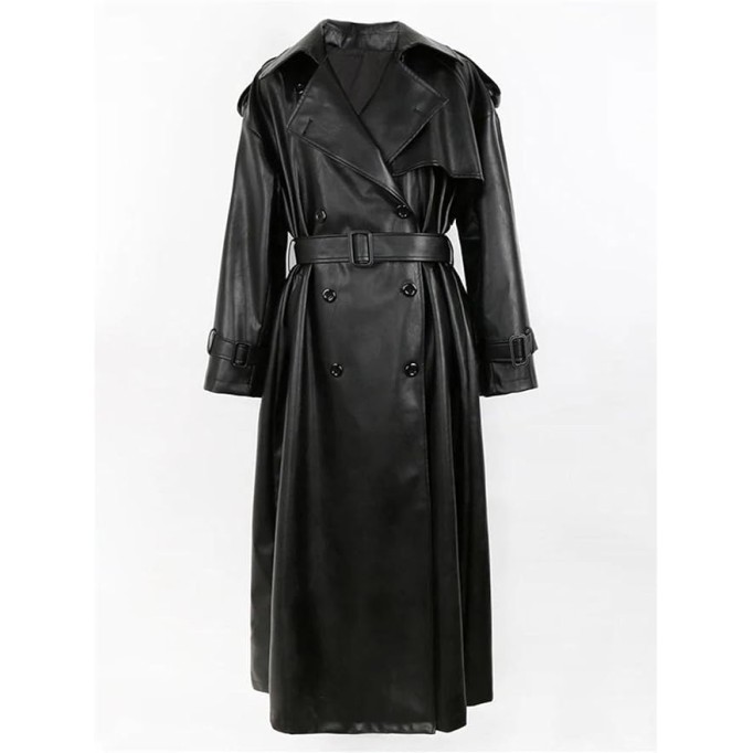 Men Long Oversized Black Pu Leather Coat Belt Double Breasted Loose Casual Coat