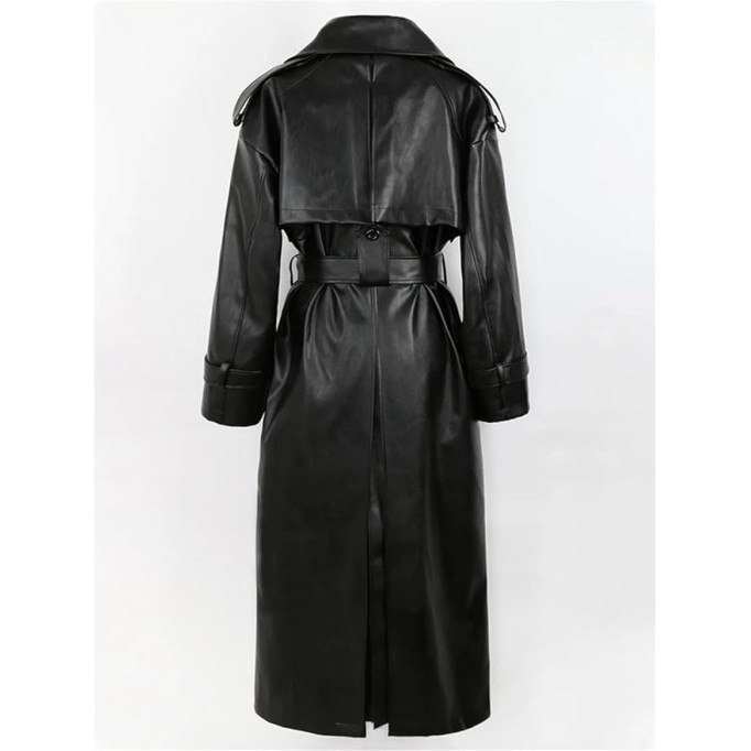 Men Long Oversized Black Pu Leather Coat Belt Double Breasted Loose Casual Coat