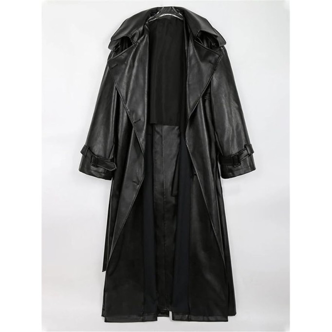 Men Long Oversized Black Pu Leather Coat Belt Double Breasted Loose Casual Coat