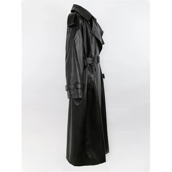 Men Long Oversized Black Pu Leather Coat Belt Double Breasted Loose Casual Coat