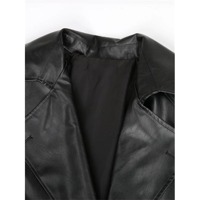 Men Long Oversized Black Pu Leather Coat Belt Double Breasted Loose Casual Coat