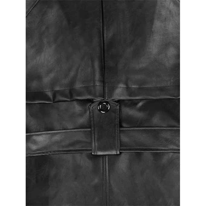 Men Long Oversized Black Pu Leather Coat Belt Double Breasted Loose Casual Coat