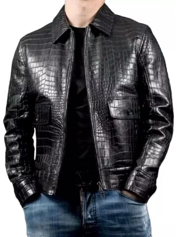 Real Leather Alligator Crocodile Print Embossed Skin Men's Luxury Black Bomber Jacket
