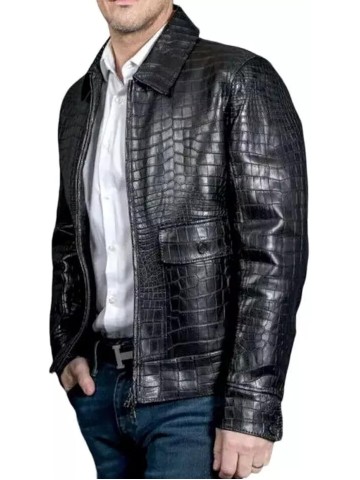 Real Leather Alligator Crocodile Print Embossed Skin Men's Luxury Black Bomber Jacket