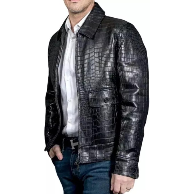 Real Leather Alligator Crocodile Print Embossed Skin Men's Luxury Black Bomber Jacket