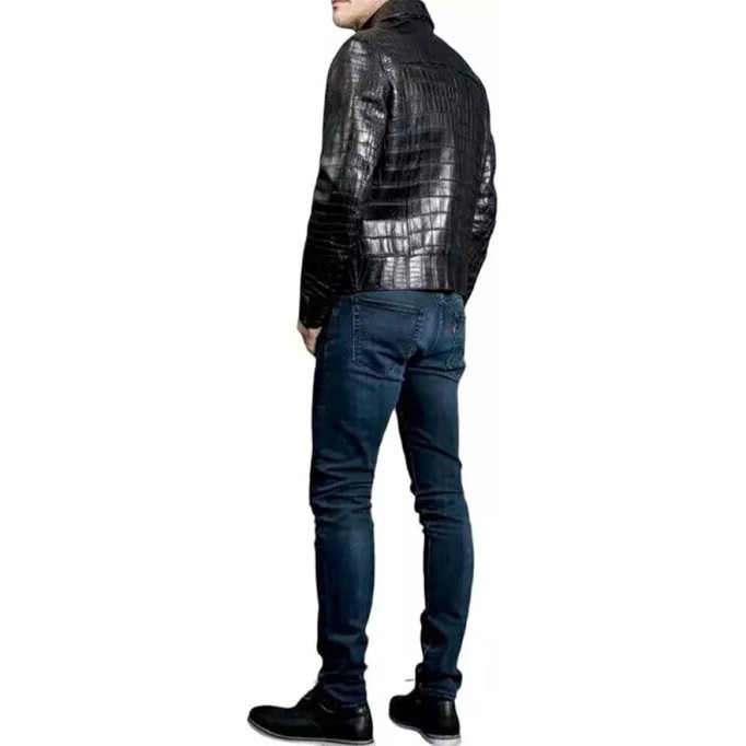 Real Leather Alligator Crocodile Print Embossed Skin Men's Luxury Black Bomber Jacket