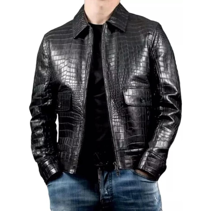 Real Leather Alligator Crocodile Print Embossed Skin Men's Luxury Black Bomber Jacket
