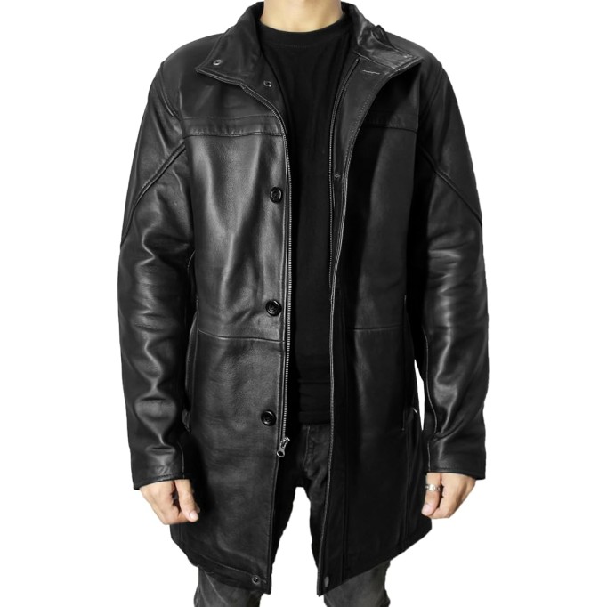 Leather Car Coat For Men 3/4 Length Mens Leather Trench Coat - Real Lambskin Long Leather Jacket For Men
