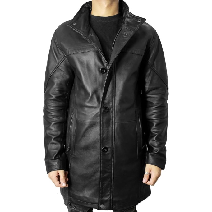 Leather Car Coat For Men 3/4 Length Mens Leather Trench Coat - Real Lambskin Long Leather Jacket For Men