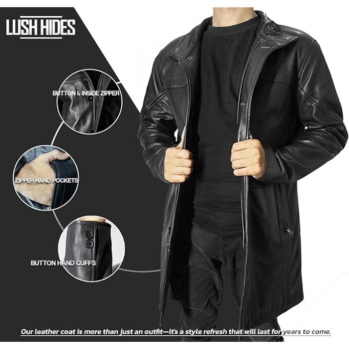 Leather Car Coat For Men 3/4 Length Mens Leather Trench Coat - Real Lambskin Long Leather Jacket For Men