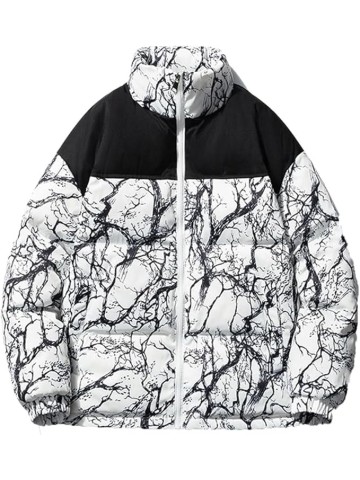 Men Print Down Jacket Coat Stand Collar Couple Oversized Zipper Warm Hip Hop Casual Jackets